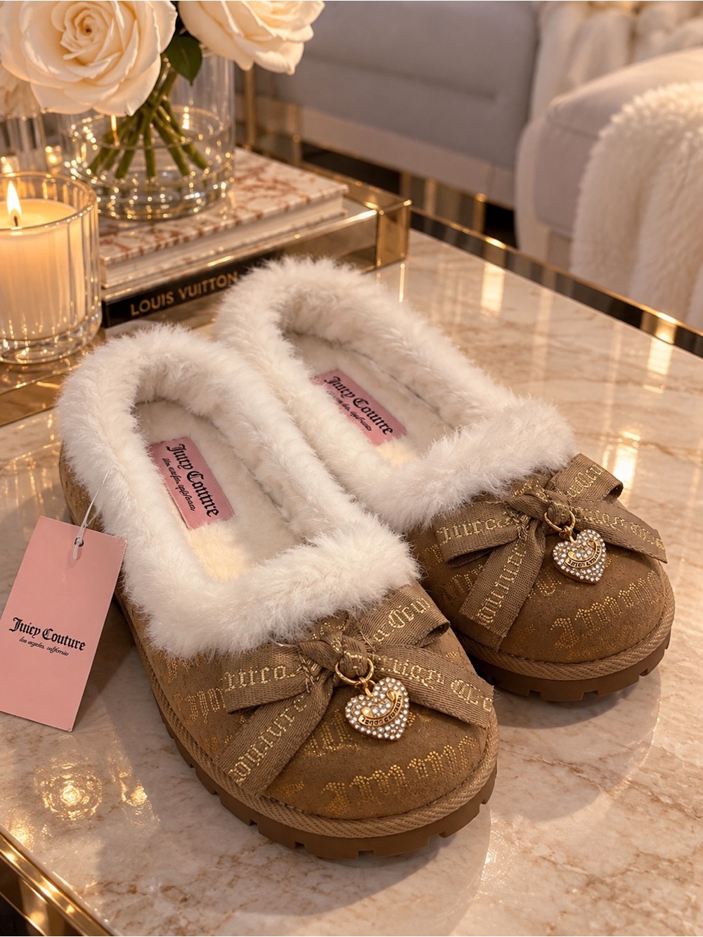 Viral Juicy Couture Bobby Faux Fur Bow Slippers Natural Gold Size 7 NWT